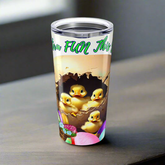 Ducklings hatching from a cracked egg on a cheerful Easter-themed tumbler.