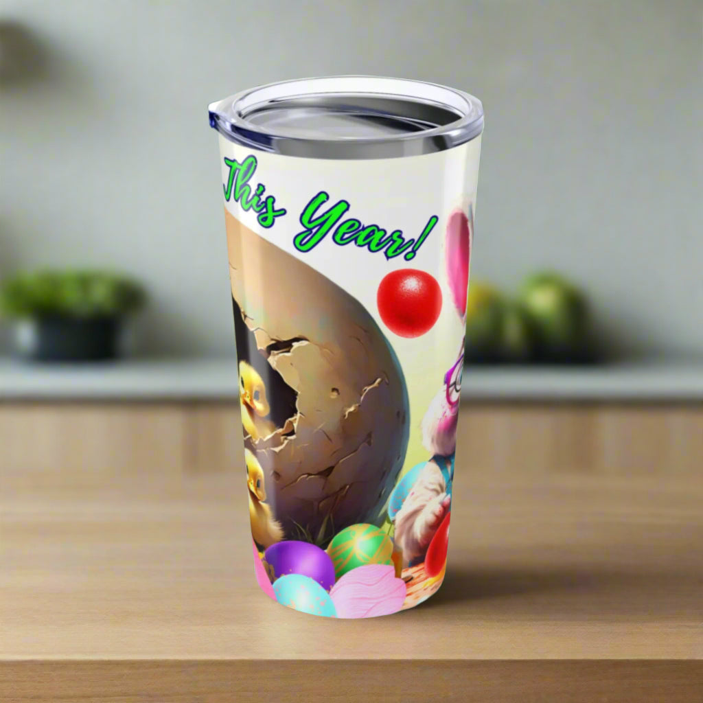 Vibrant tumbler design with a bunny and pastel-colored Easter eggs and flowers.