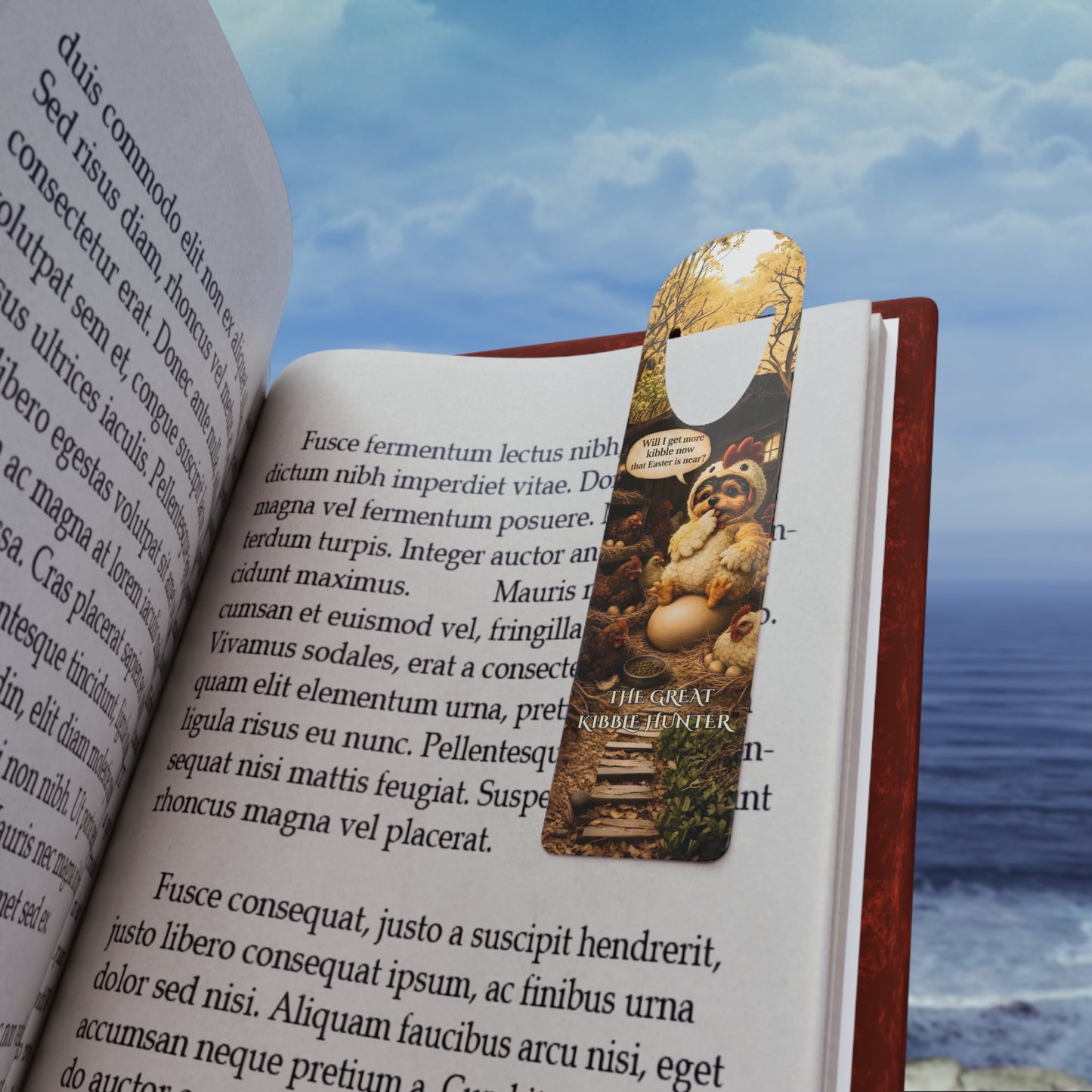 Easter Yorkie Bookmark — Antonio the Yorkie in Chicken Costume on Giant Egg