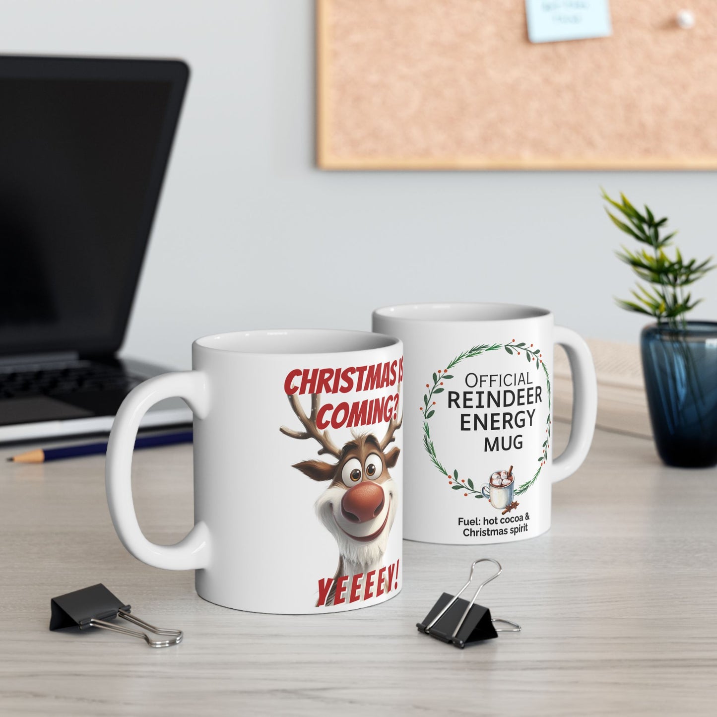 Festive Christmas Mug with Cheerful Reindeer Design