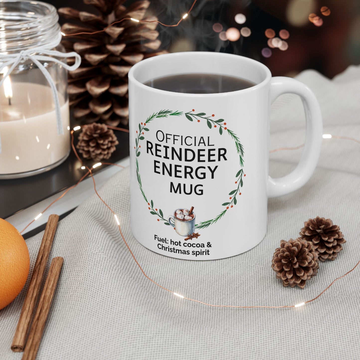 Festive Christmas Mug with Cheerful Reindeer Design