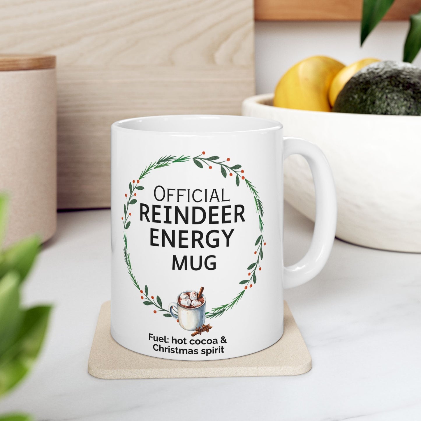 Festive Christmas Mug with Cheerful Reindeer Design