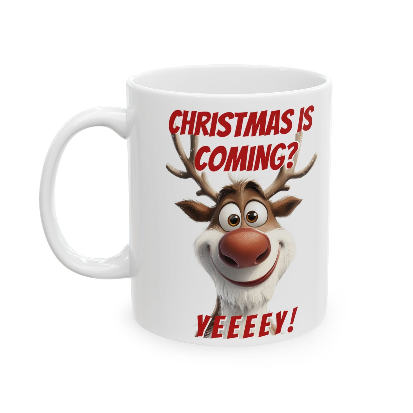 Festive Christmas Mug with Cheerful Reindeer Design