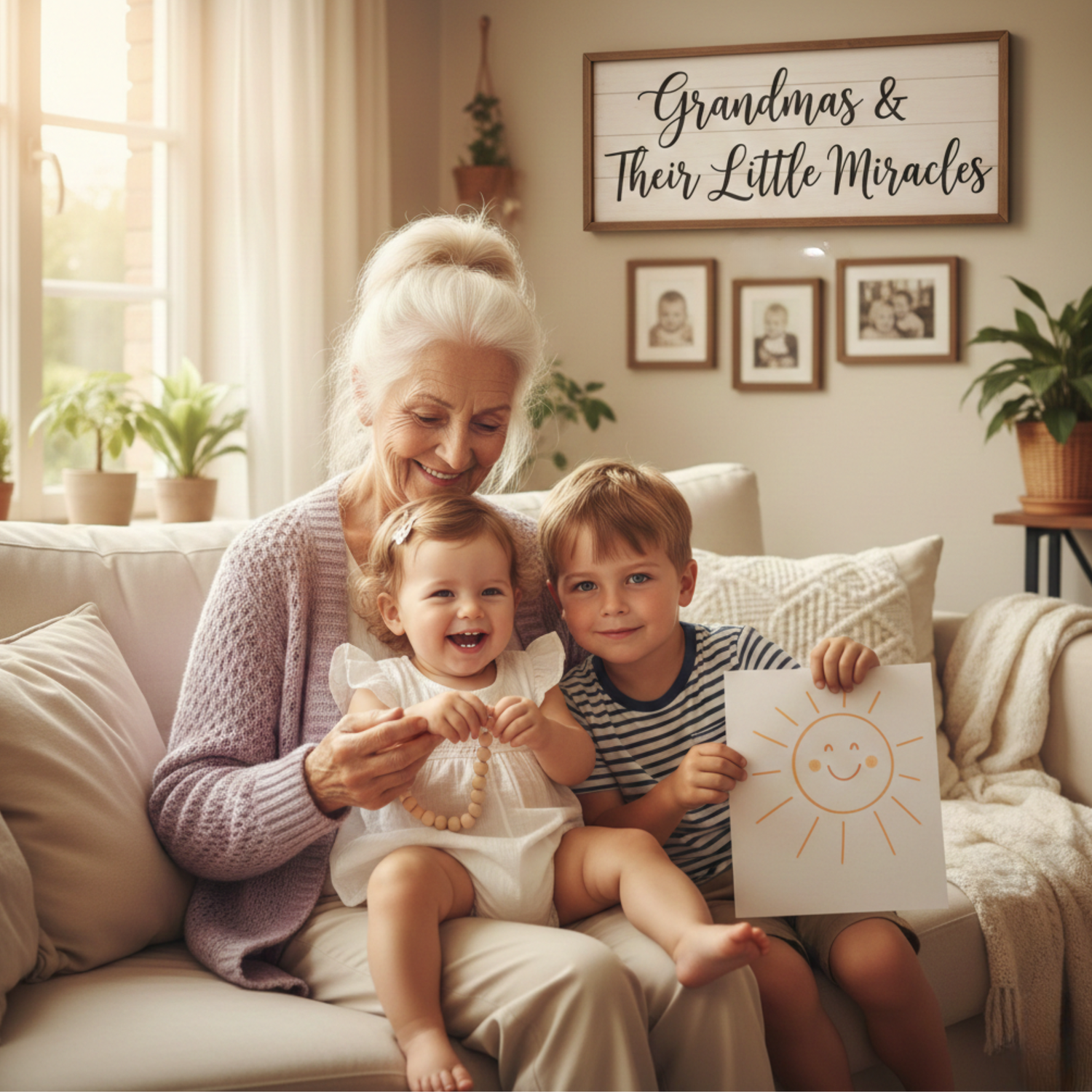 Grandma sitting with grandchildren in cozy home setting, gift from grandma theme.