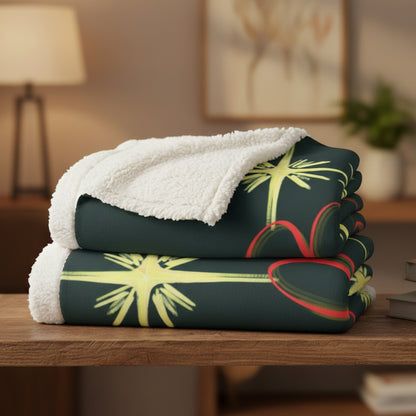 Folded blanket with white fleece interior and  Christmas theme exterior on a shelf