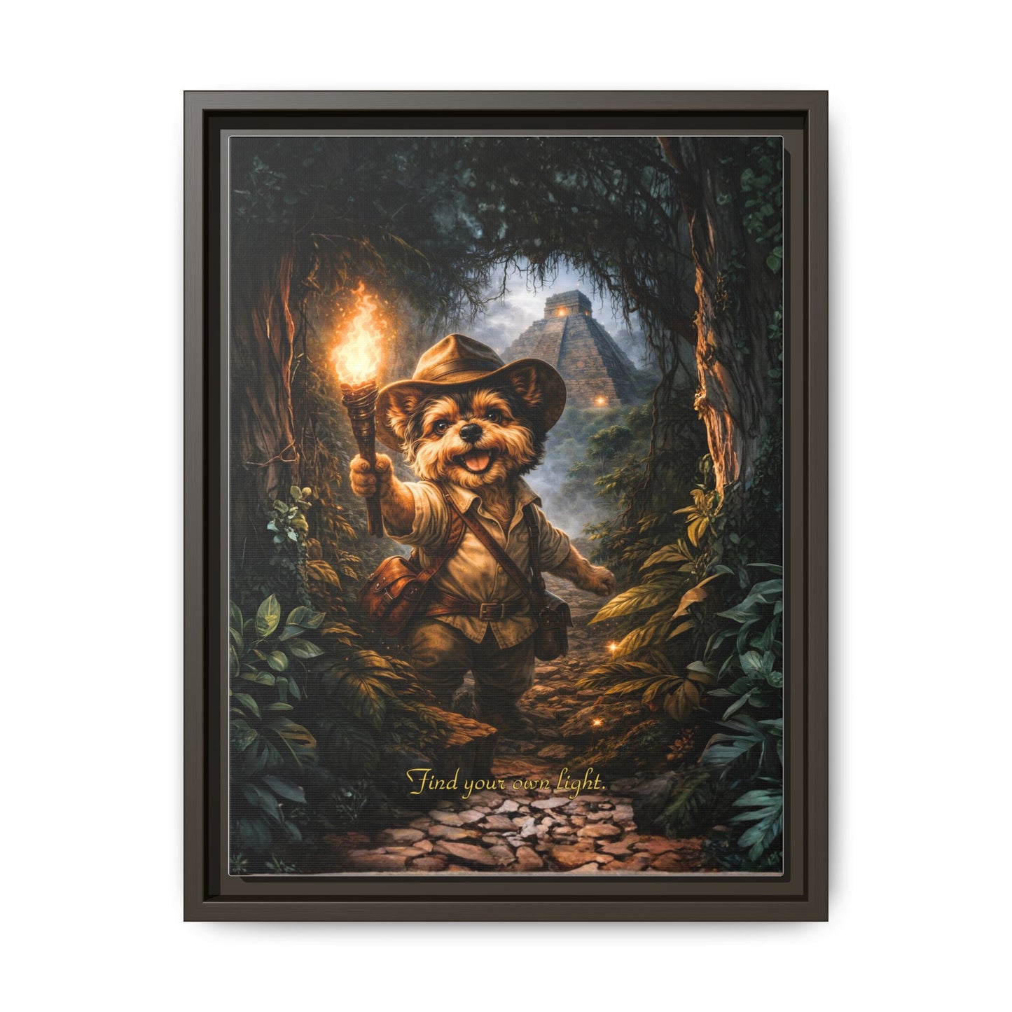 Cute Yorkie Explorer Canvas Wall Art for Kids Room – Jungle Adventure Nursery Decor, Framed Matte Animal Artwork, Gift for Boys & Girls