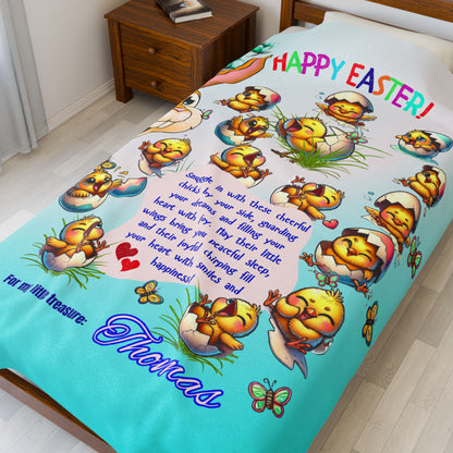Personalized Easter Blanket for Kids - Happy Easter Bunny & Chicks