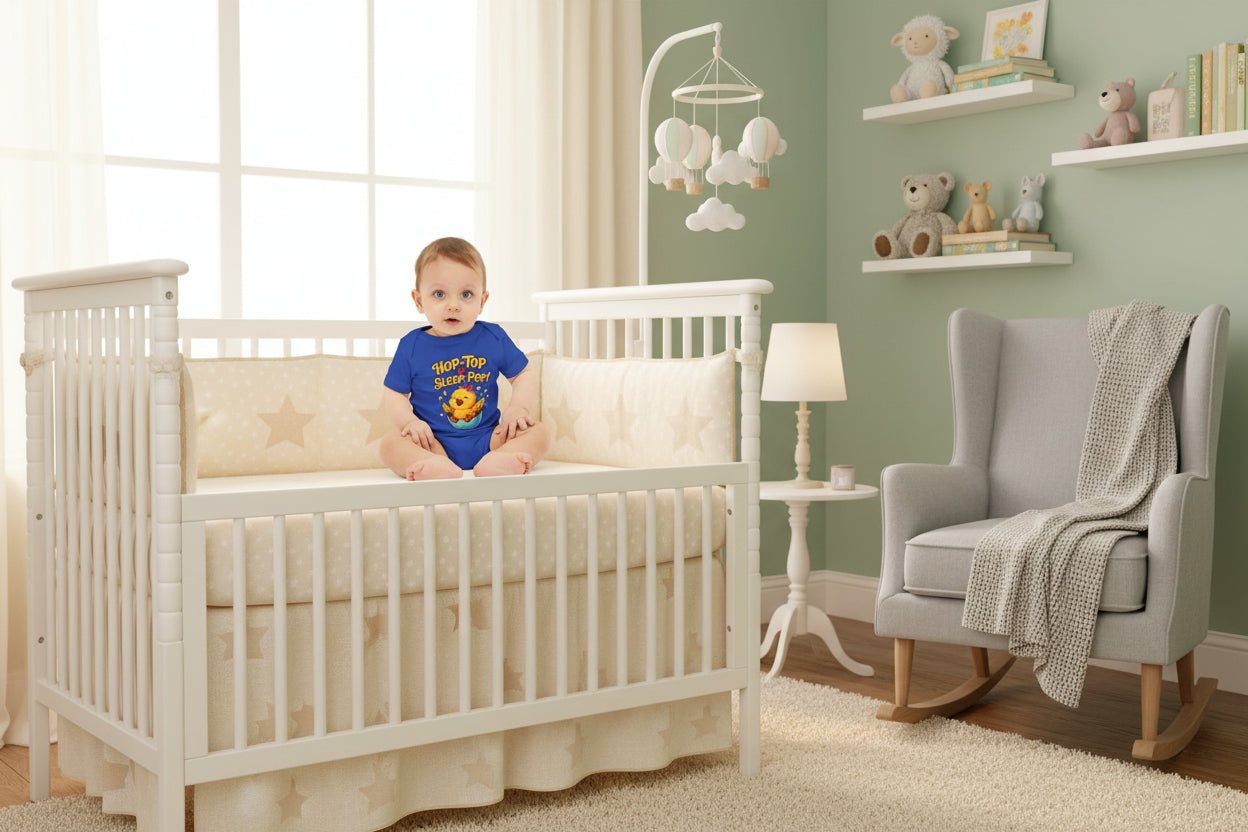 Baby wearing a blue onesie with a cartoon character and  a funny text 