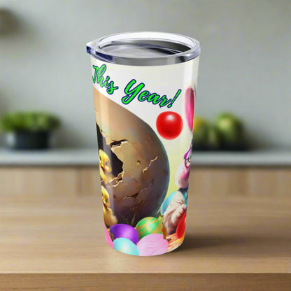 Vibrant tumbler design with a bunny and pastel-colored Easter eggs and flowers.