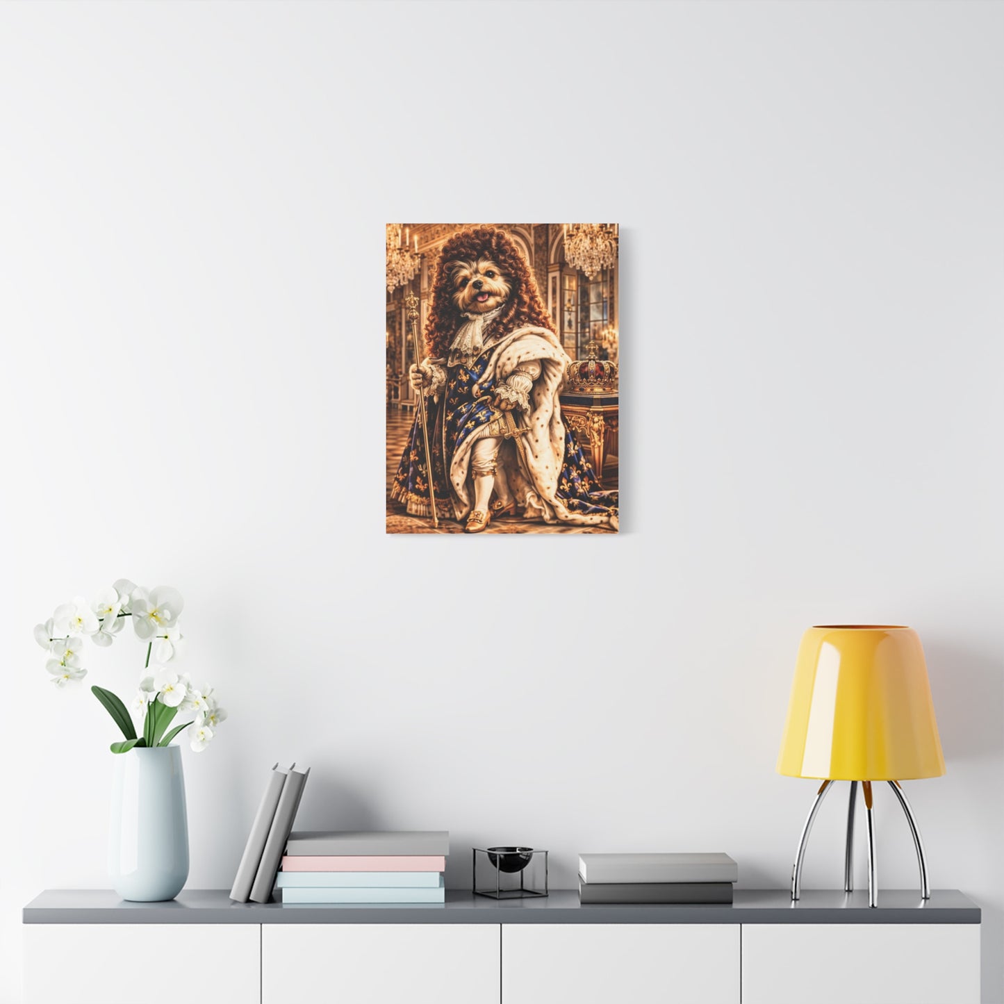 The Sun King Yorkie Stretched Canvas Wall Art, Royal Dog Portrait, King Louis XIV Pet Art, Ready to Hang, History Bonus Included