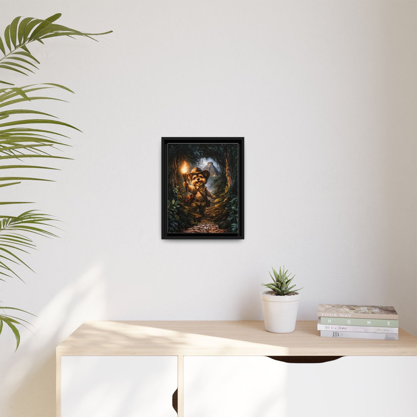 Cute Yorkie Explorer Canvas Wall Art for Kids Room – Jungle Adventure Nursery Decor, Framed Matte Animal Artwork, Gift for Boys & Girls