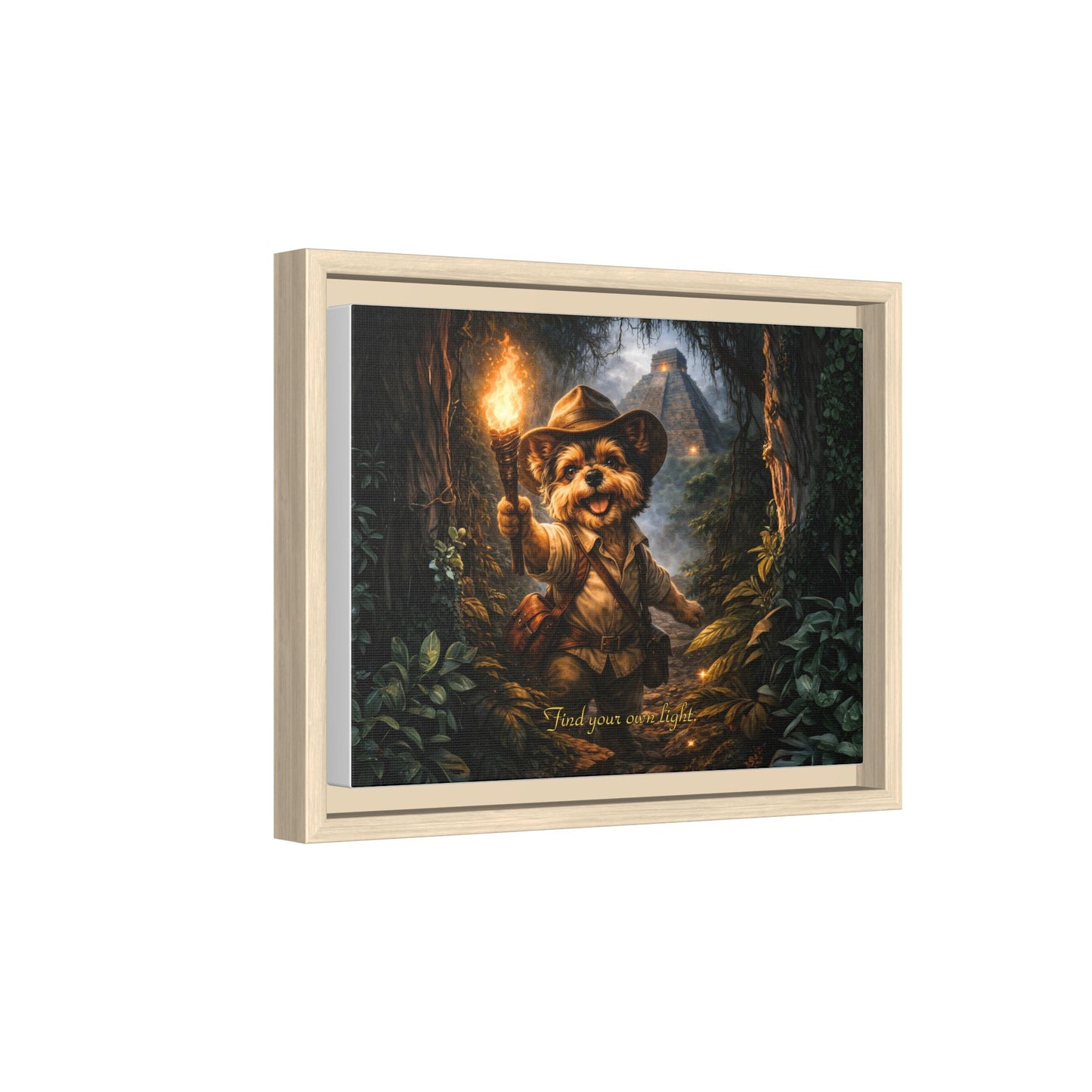 Cute Yorkie Explorer Canvas Wall Art for Kids Room – Jungle Adventure Nursery Decor, Framed Matte Animal Artwork, Gift for Boys & Girls