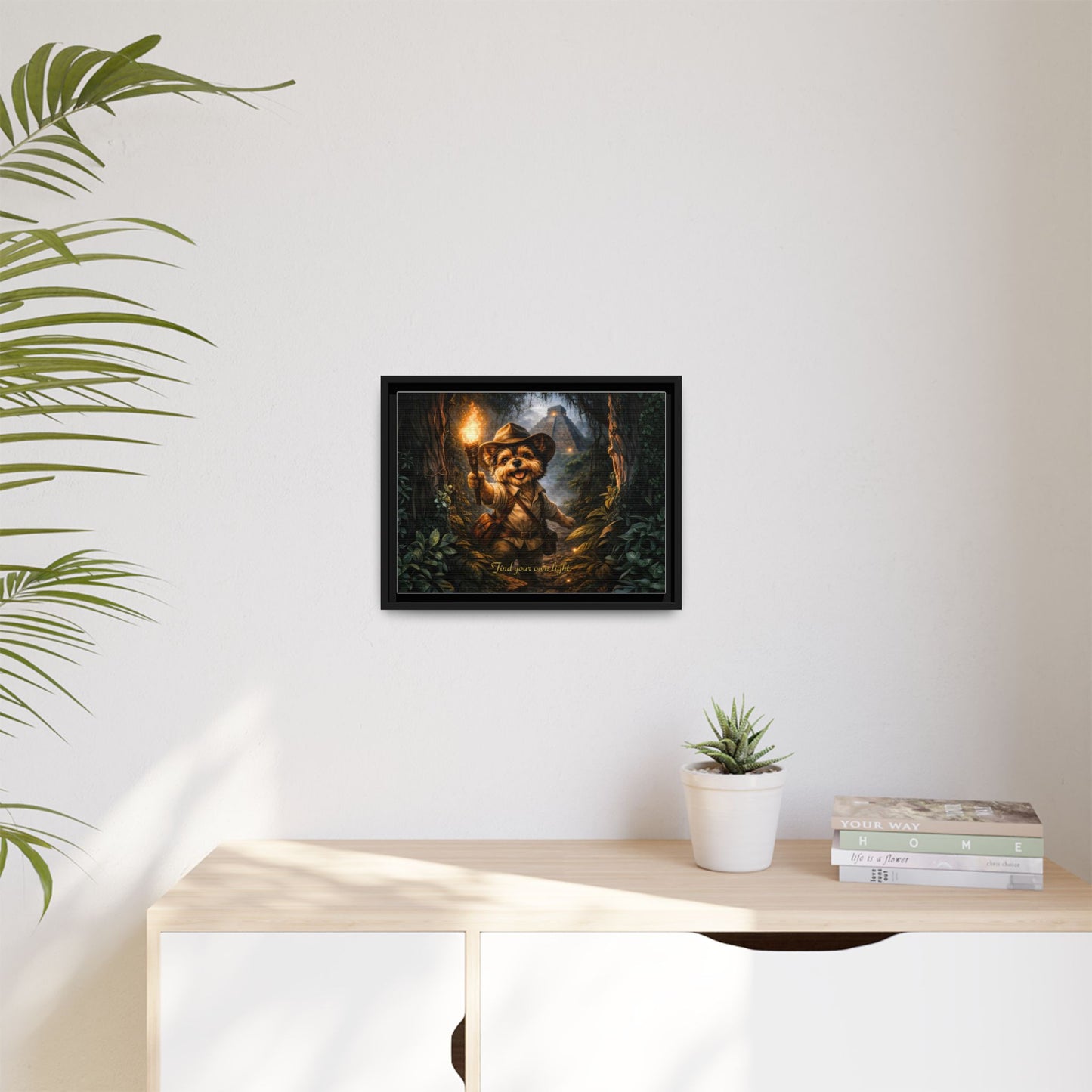 Cute Yorkie Explorer Canvas Wall Art for Kids Room – Jungle Adventure Nursery Decor, Framed Matte Animal Artwork, Gift for Boys & Girls