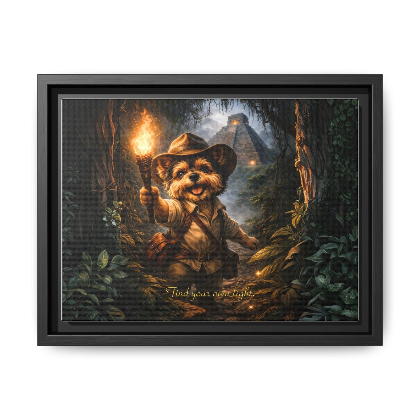 Cute Yorkie Explorer Canvas Wall Art for Kids Room – Jungle Adventure Nursery Decor, Framed Matte Animal Artwork, Gift for Boys & Girls