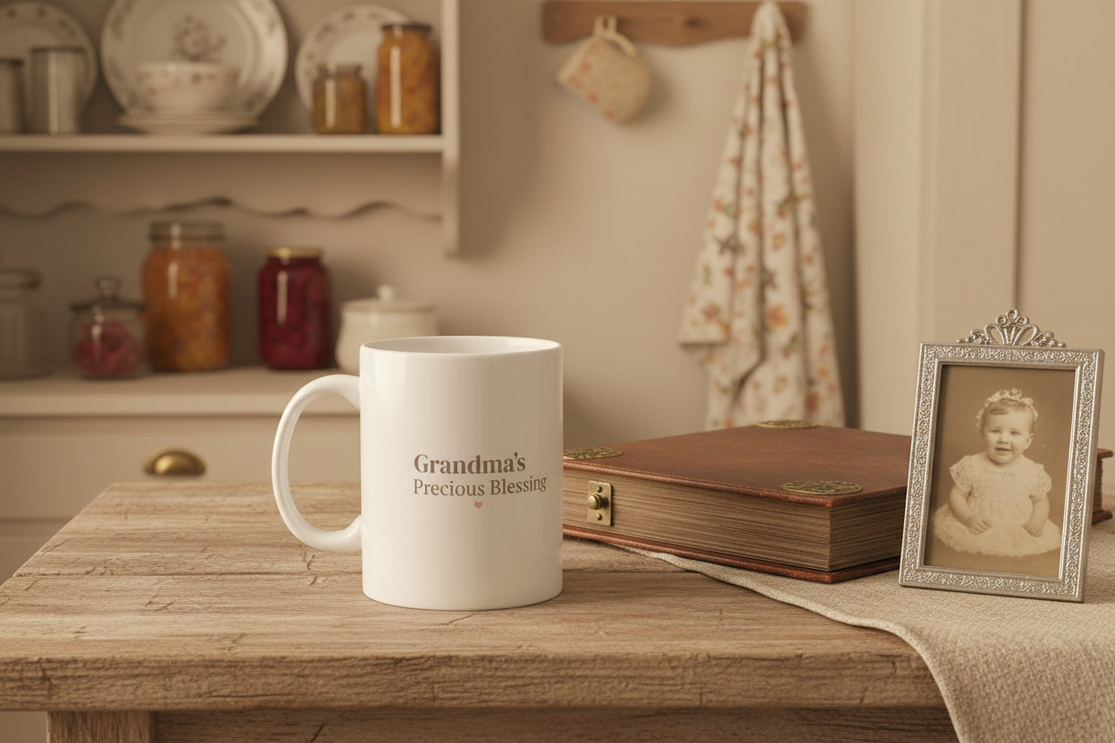 White coffee mug with Grandma's Precious Blessing text displayed on farmhouse table next to antique photo frame.