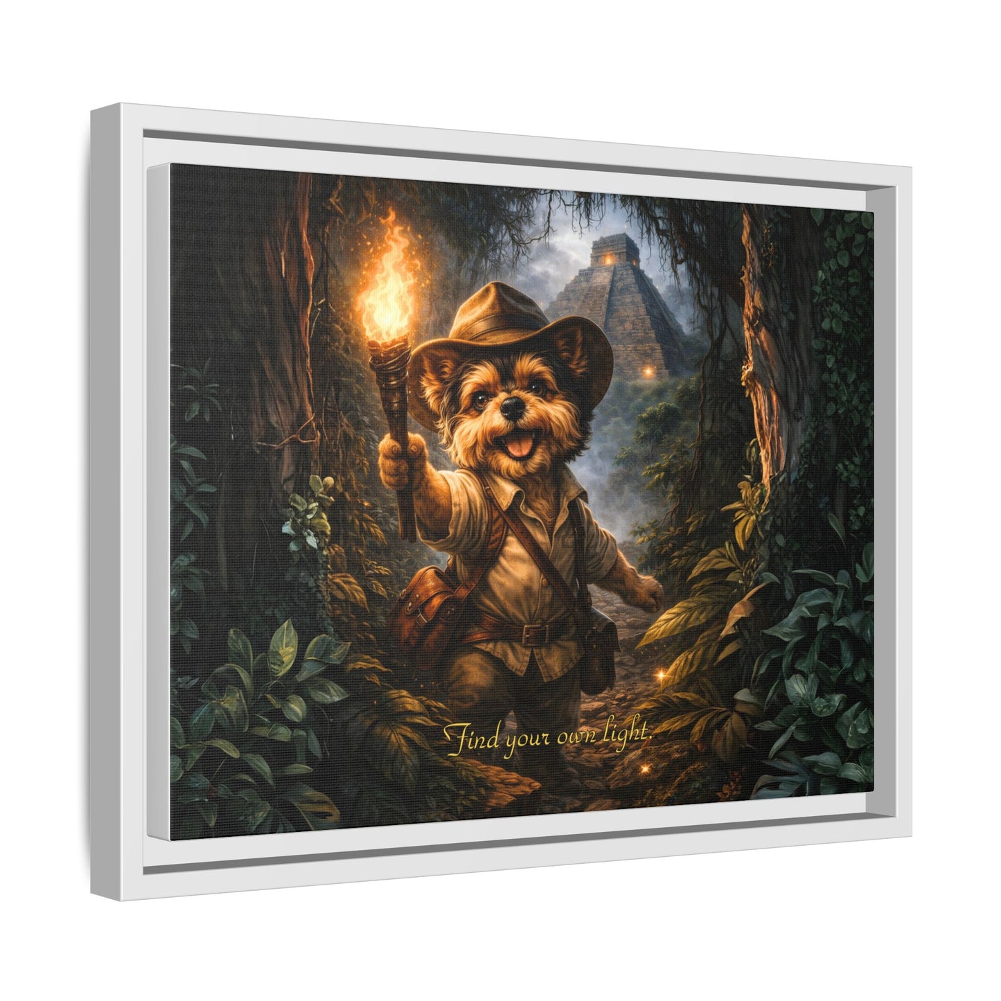 Cute Yorkie Explorer Canvas Wall Art for Kids Room – Jungle Adventure Nursery Decor, Framed Matte Animal Artwork, Gift for Boys & Girls