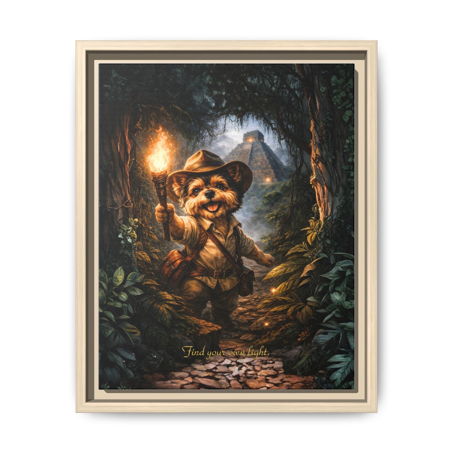 Cute Yorkie Explorer Canvas Wall Art for Kids Room – Jungle Adventure Nursery Decor, Framed Matte Animal Artwork, Gift for Boys & Girls