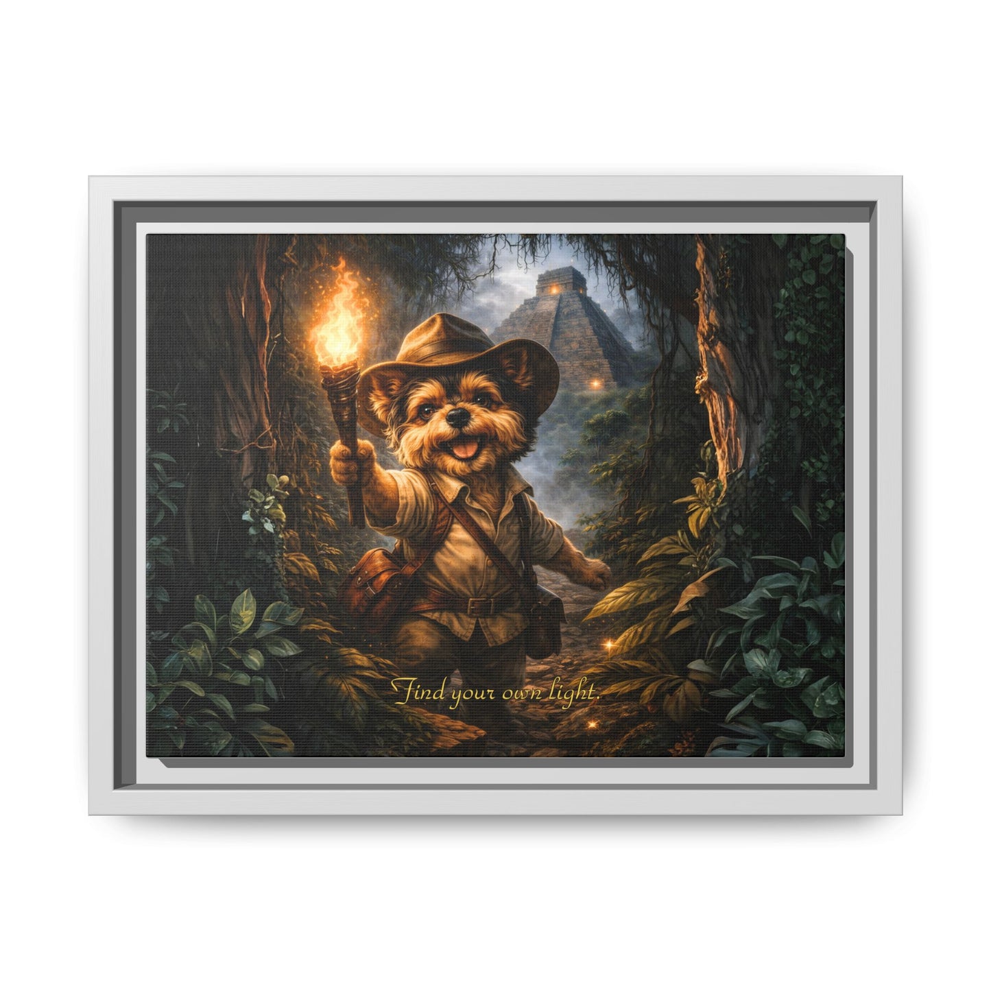 Cute Yorkie Explorer Canvas Wall Art for Kids Room – Jungle Adventure Nursery Decor, Framed Matte Animal Artwork, Gift for Boys & Girls