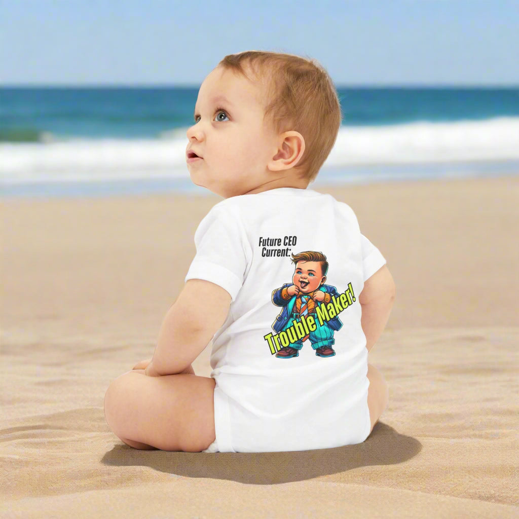 Close-up of the Infant Jersey One Piece showing the humorous message 'Future CEO, current trouble maker', made from 100% Airlume combed cotton for ultimate softness.