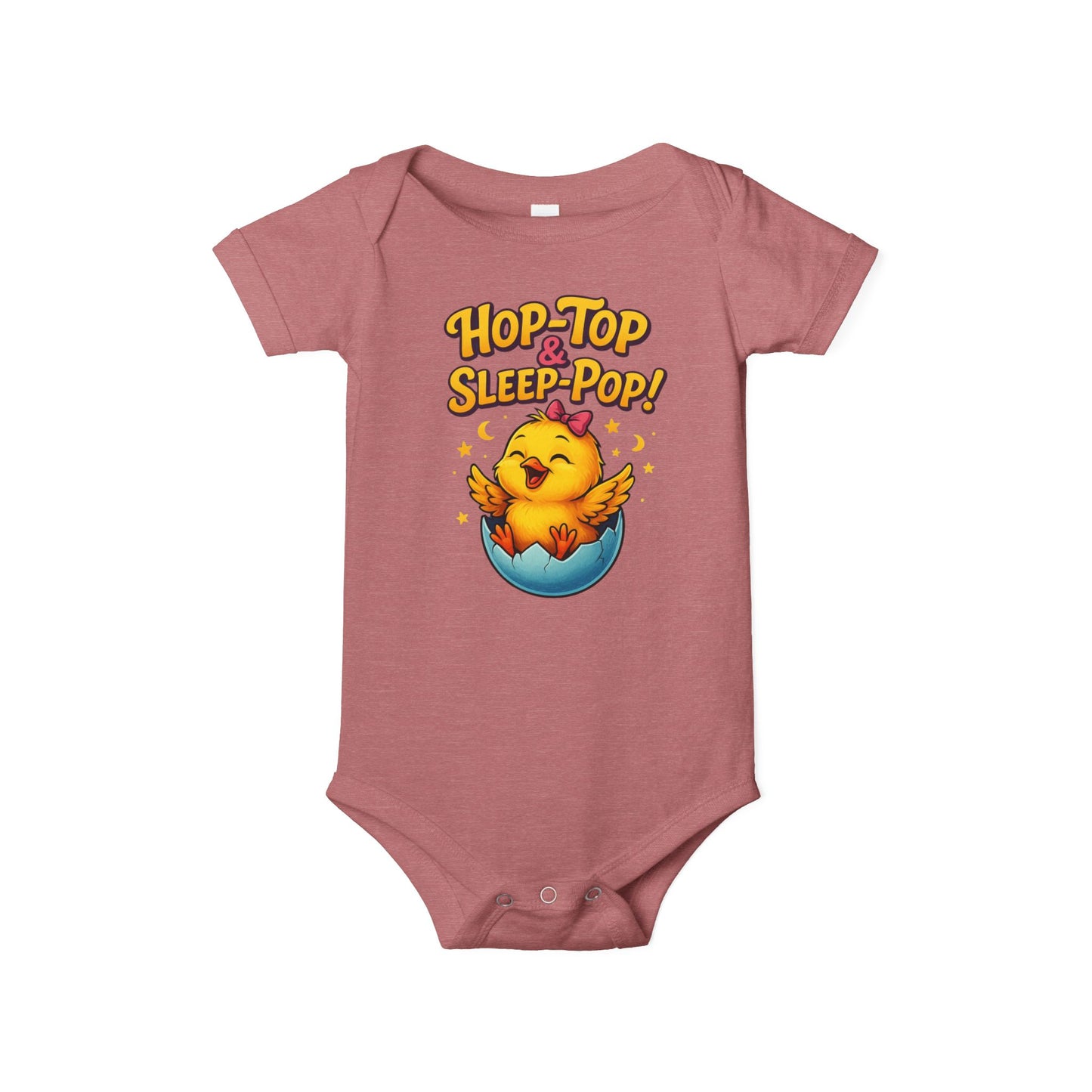 Pink baby onesie with a chick design and text 