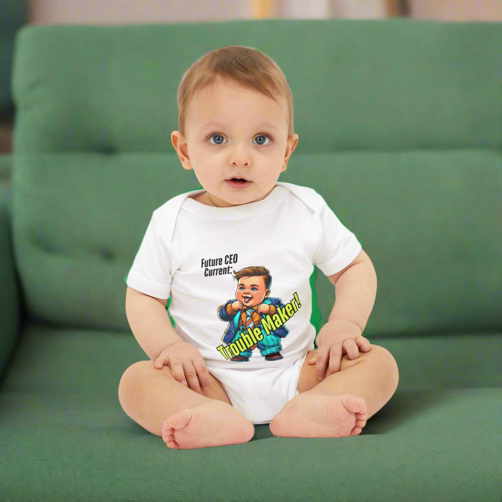 Infant Jersey One Piece with expandable envelope neckline and snap leg closure for easy dressing, featuring the playful 'Future CEO, current trouble maker' text.