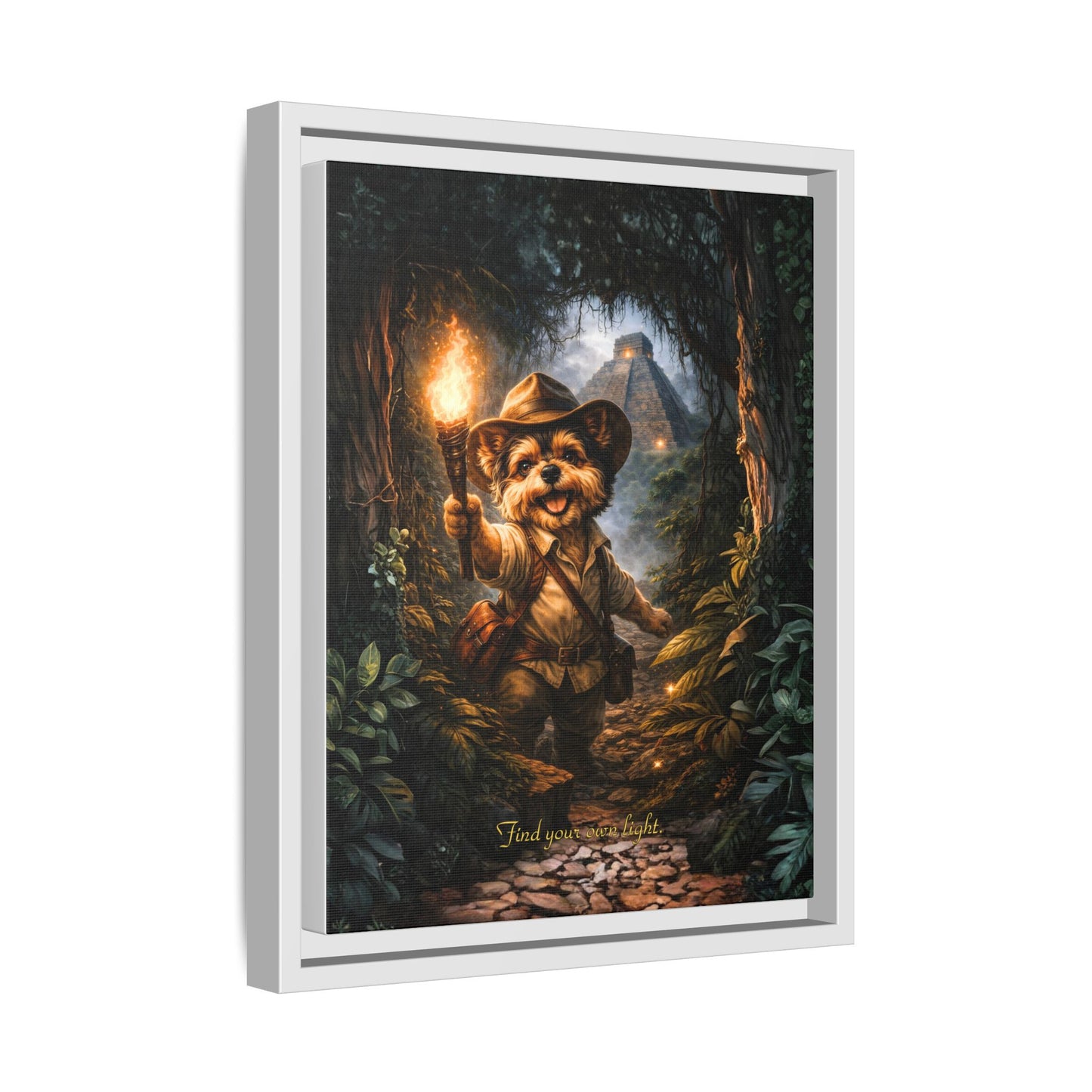 Cute Yorkie Explorer Canvas Wall Art for Kids Room – Jungle Adventure Nursery Decor, Framed Matte Animal Artwork, Gift for Boys & Girls