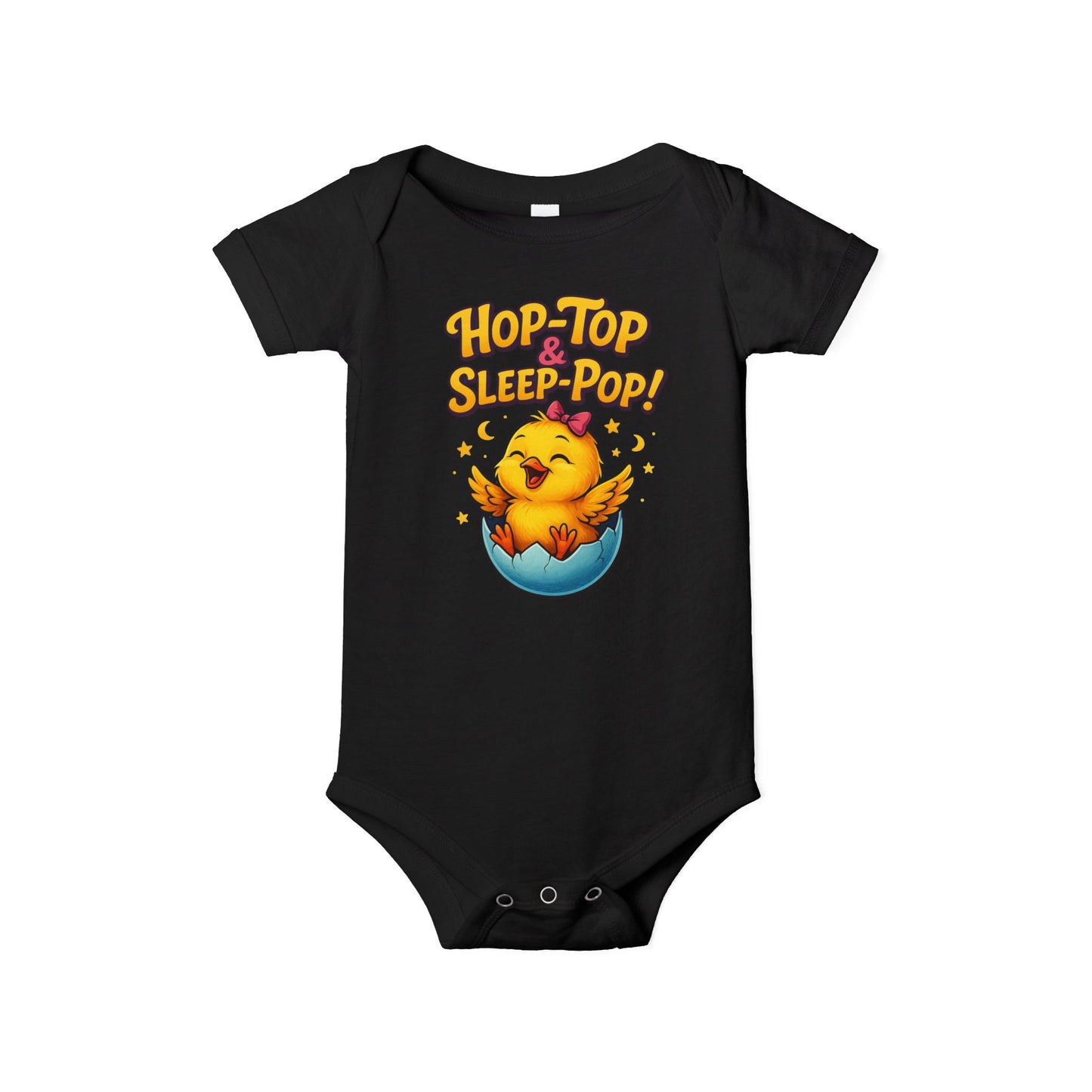 Black baby onesie with a chick design and text