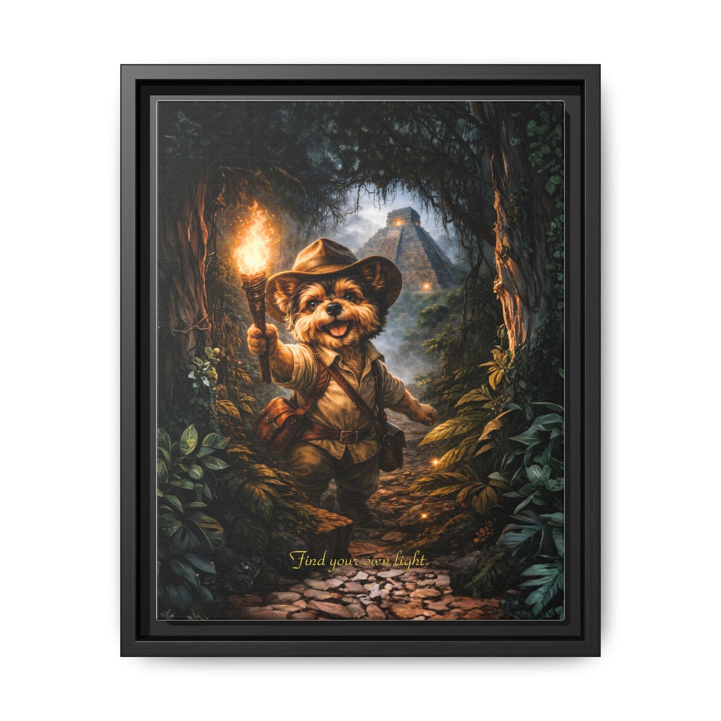 Cute Yorkie Explorer Canvas Wall Art for Kids Room – Jungle Adventure Nursery Decor, Framed Matte Animal Artwork, Gift for Boys & Girls