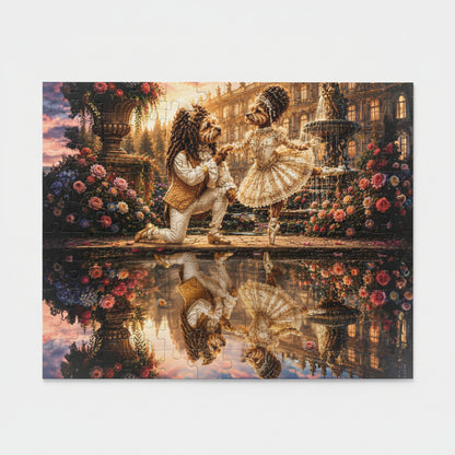 Two characters in a fantasy setting with flowers and a fountain