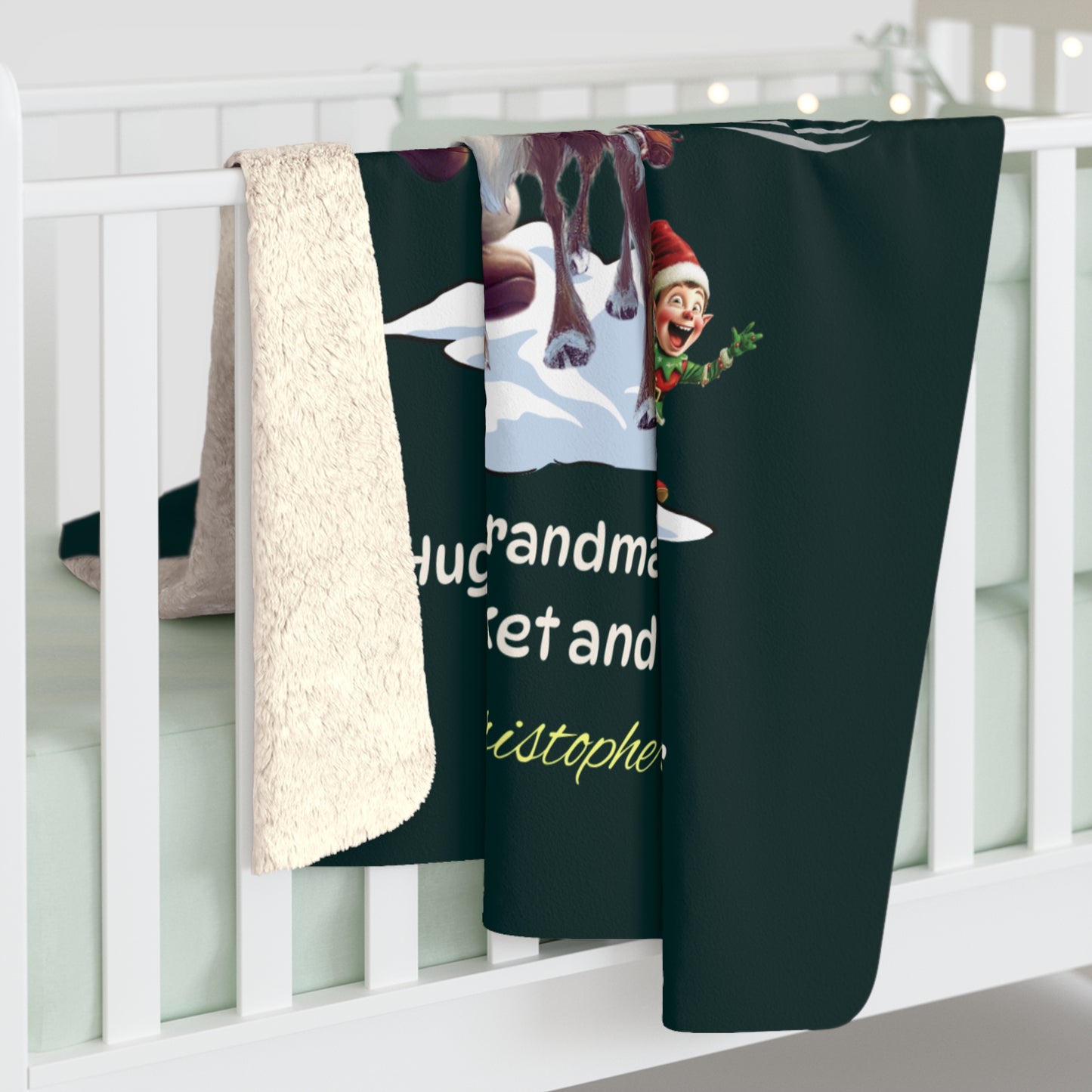 Blanket with cartoon character and text on a white crib