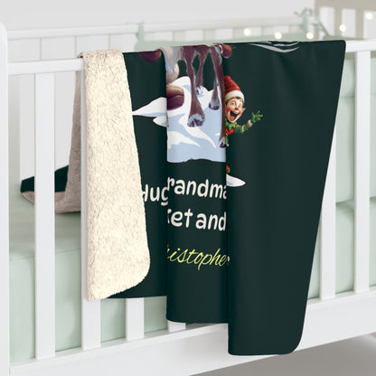 Blanket with cartoon character and text on a white crib