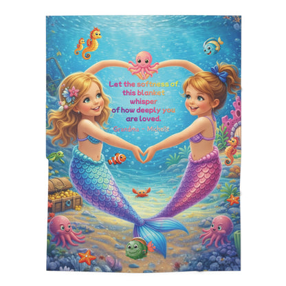 Illustration of two mermaids holding hands with an underwater scene and text.