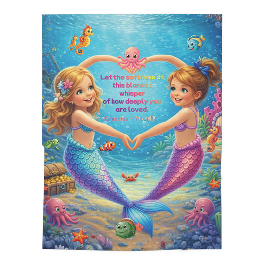 Illustration of two mermaids holding hands with an underwater scene and text.