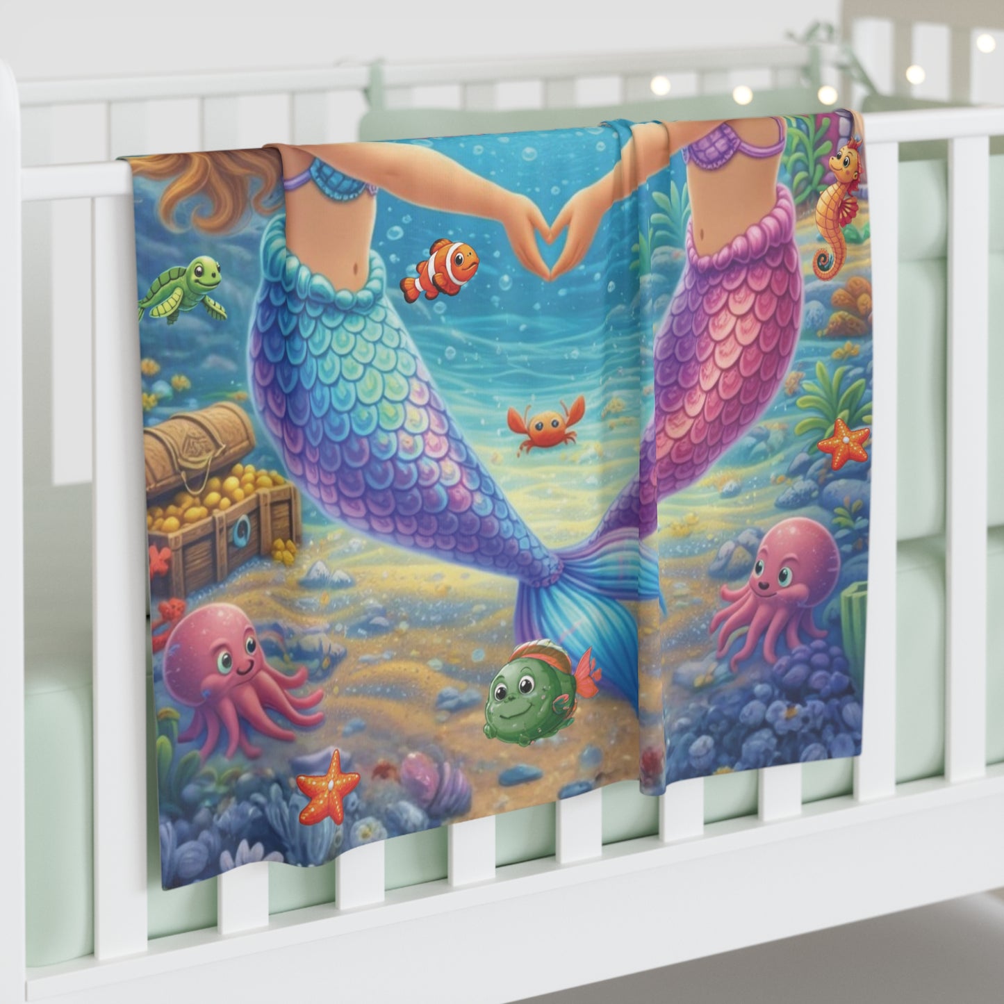 Mermaid-themed blanket with colorful mermaid tails and sea creatures on a crib.