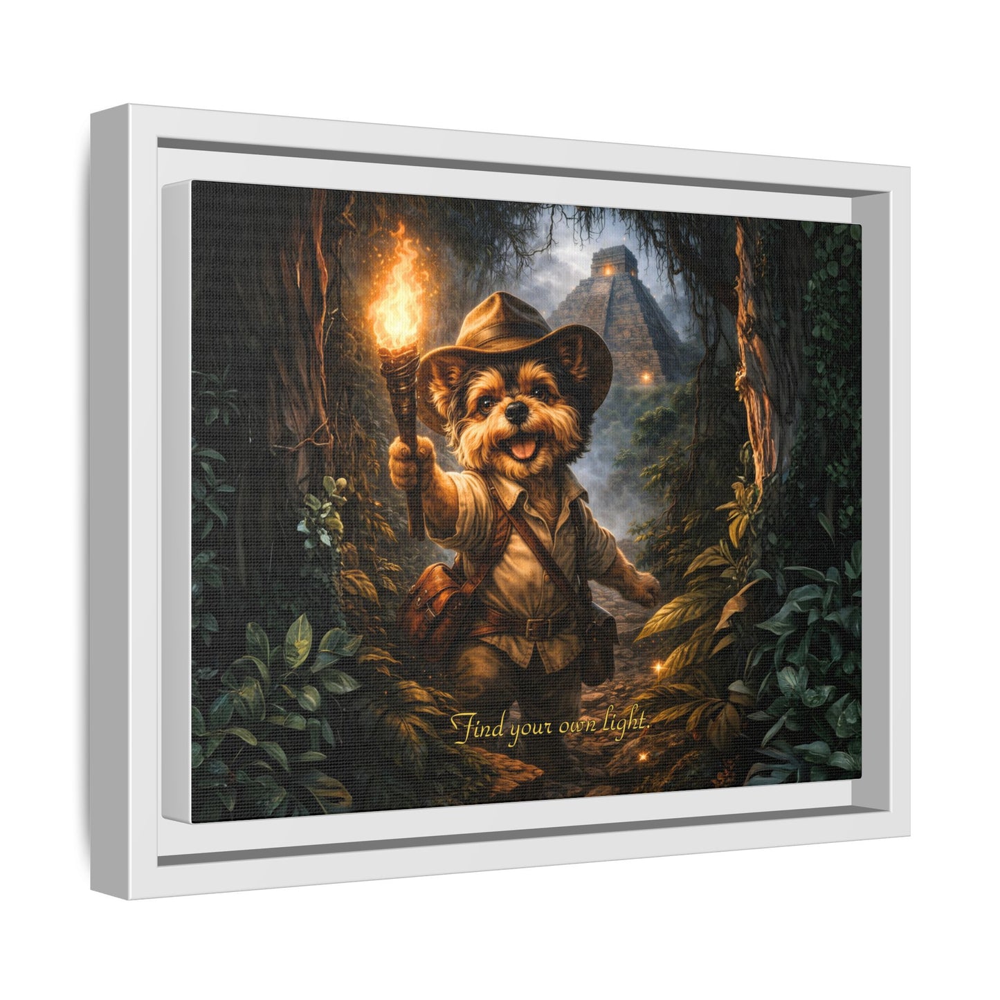 Cute Yorkie Explorer Canvas Wall Art for Kids Room – Jungle Adventure Nursery Decor, Framed Matte Animal Artwork, Gift for Boys & Girls