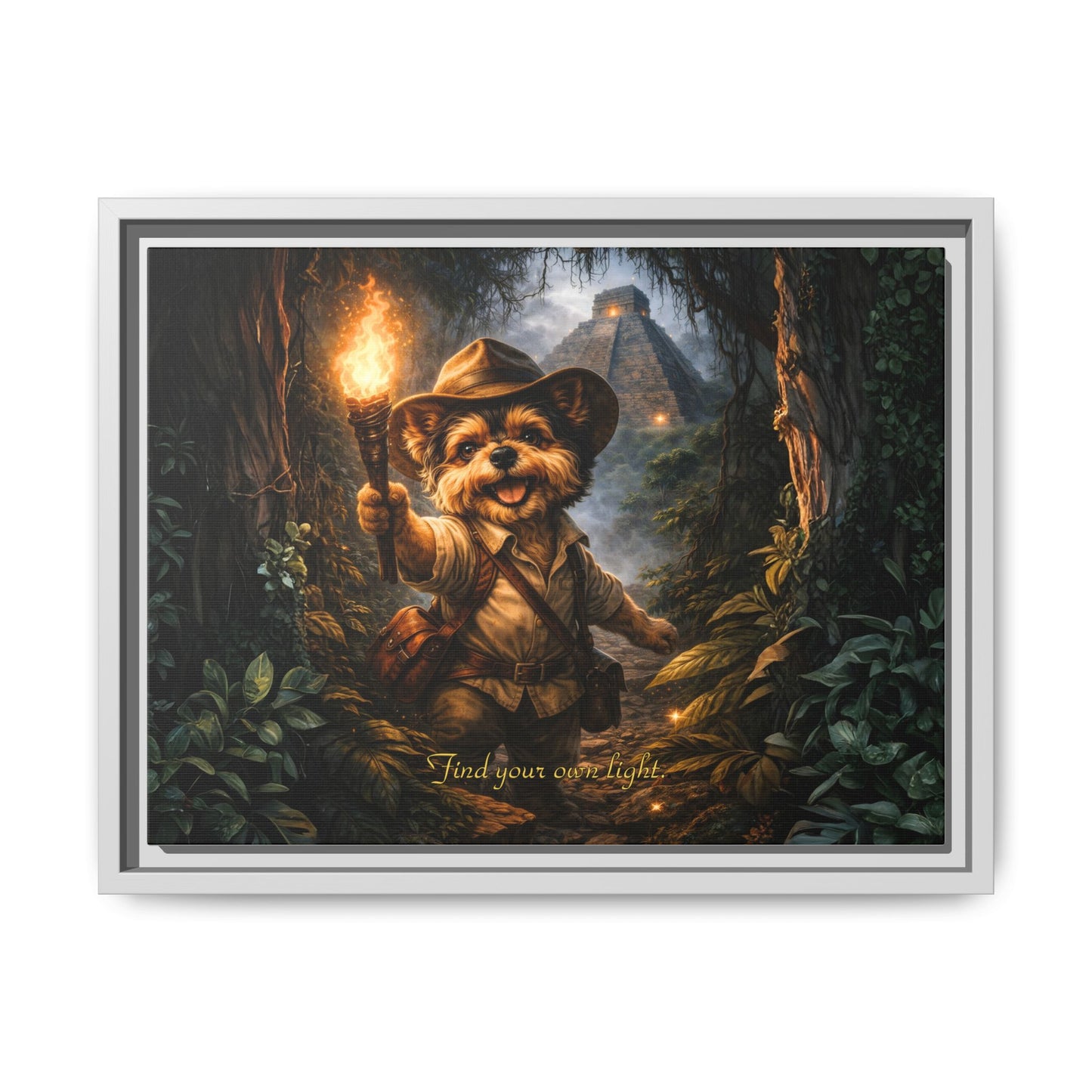 Cute Yorkie Explorer Canvas Wall Art for Kids Room – Jungle Adventure Nursery Decor, Framed Matte Animal Artwork, Gift for Boys & Girls