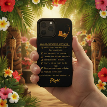 Hand holding a black phone case with a funny text . Tropical background