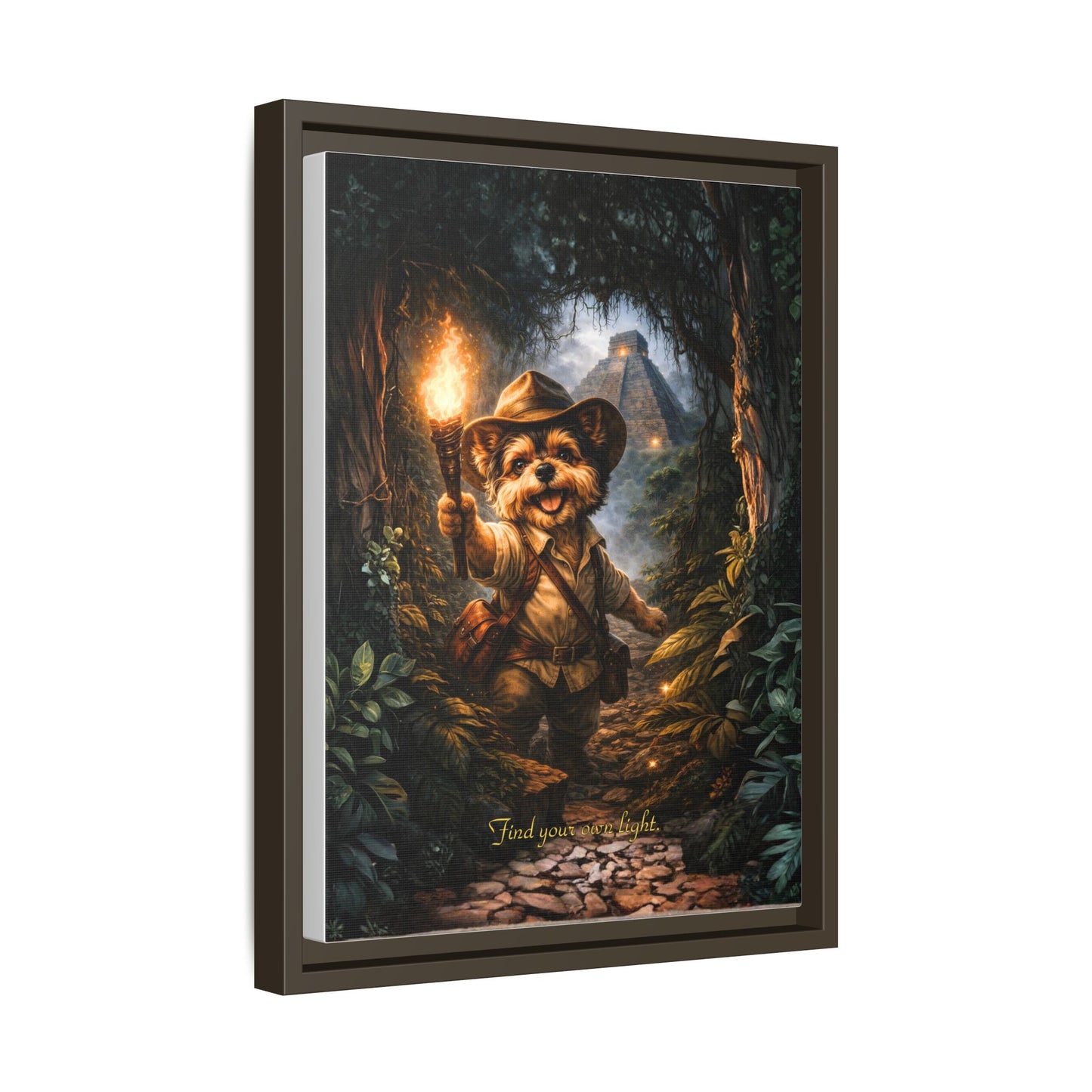 Cute Yorkie Explorer Canvas Wall Art for Kids Room – Jungle Adventure Nursery Decor, Framed Matte Animal Artwork, Gift for Boys & Girls