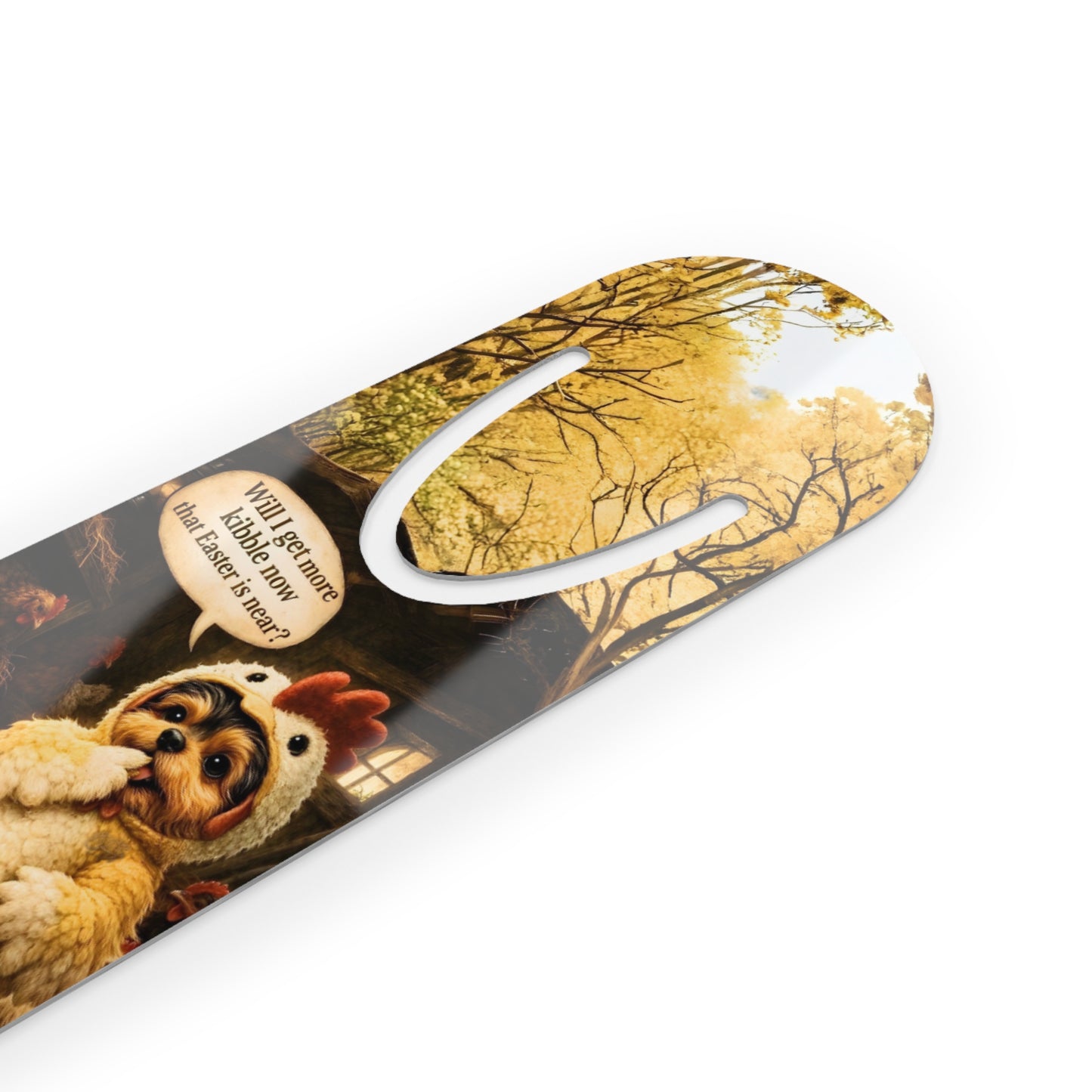 Easter Yorkie Bookmark — Antonio the Yorkie in Chicken Costume on Giant Egg