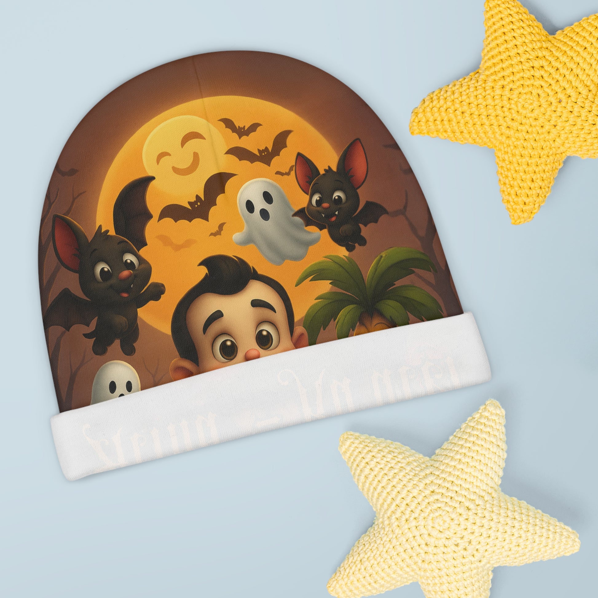 Halloween-themed beanie with cartoon characters:baby Dracula, Ghosts, Cute Bats