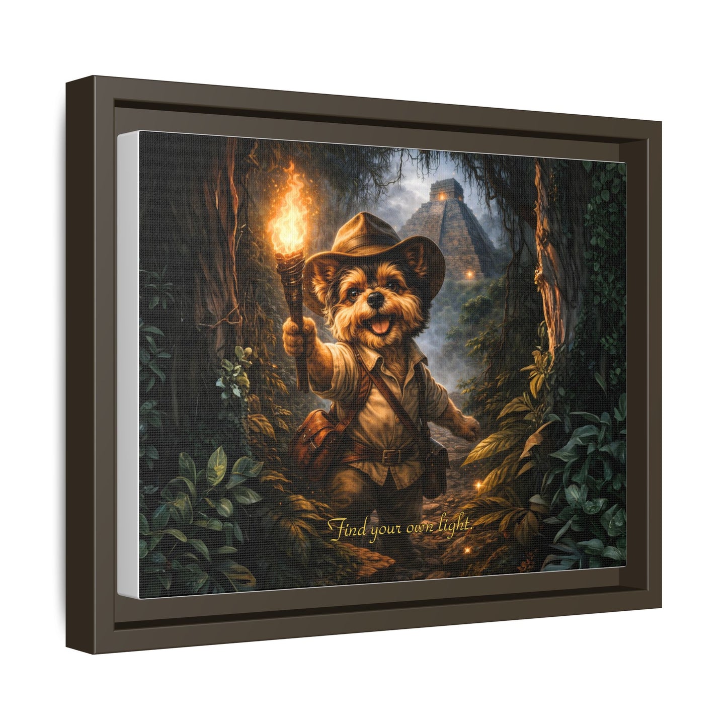 Cute Yorkie Explorer Canvas Wall Art for Kids Room – Jungle Adventure Nursery Decor, Framed Matte Animal Artwork, Gift for Boys & Girls