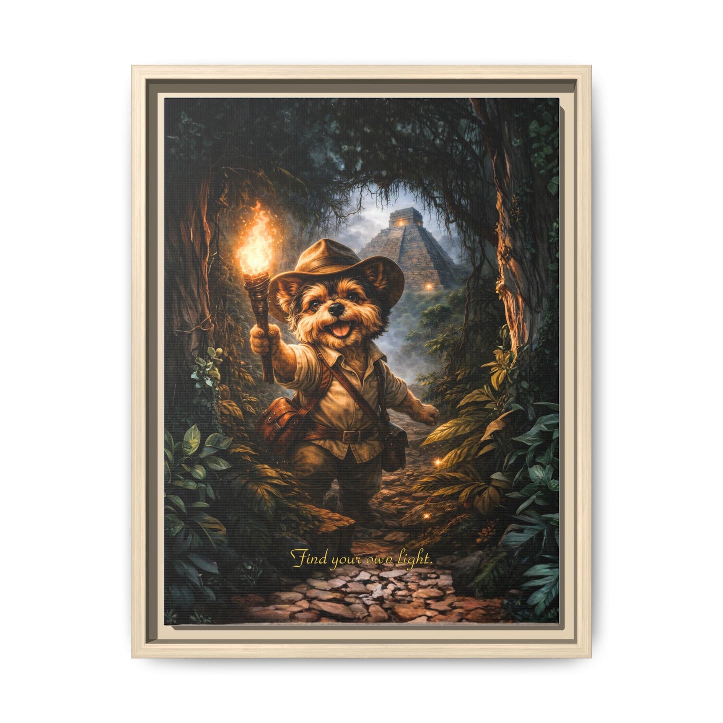 Cute Yorkie Explorer Canvas Wall Art for Kids Room – Jungle Adventure Nursery Decor, Framed Matte Animal Artwork, Gift for Boys & Girls