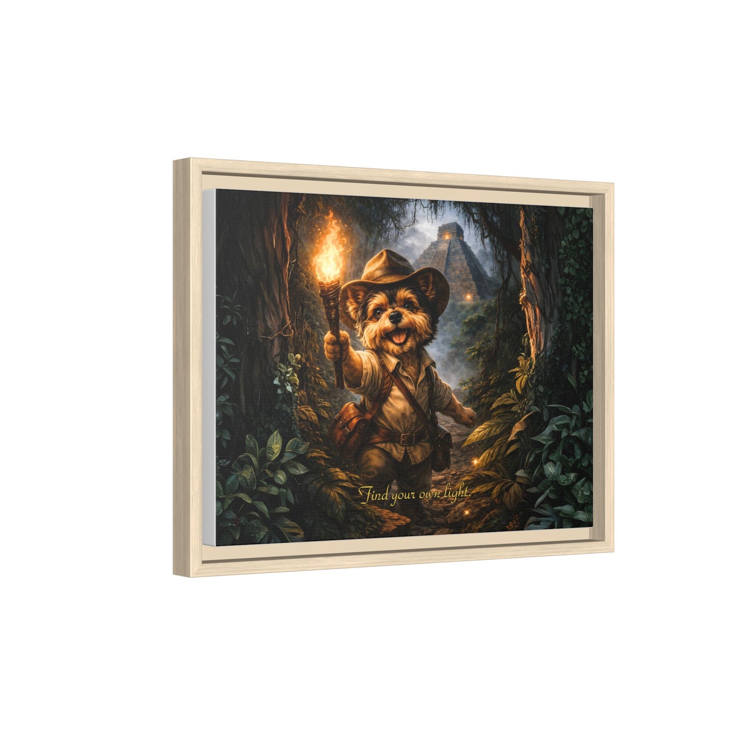 Cute Yorkie Explorer Canvas Wall Art for Kids Room – Jungle Adventure Nursery Decor, Framed Matte Animal Artwork, Gift for Boys & Girls