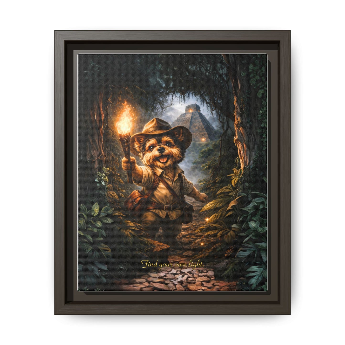 Cute Yorkie Explorer Canvas Wall Art for Kids Room – Jungle Adventure Nursery Decor, Framed Matte Animal Artwork, Gift for Boys & Girls