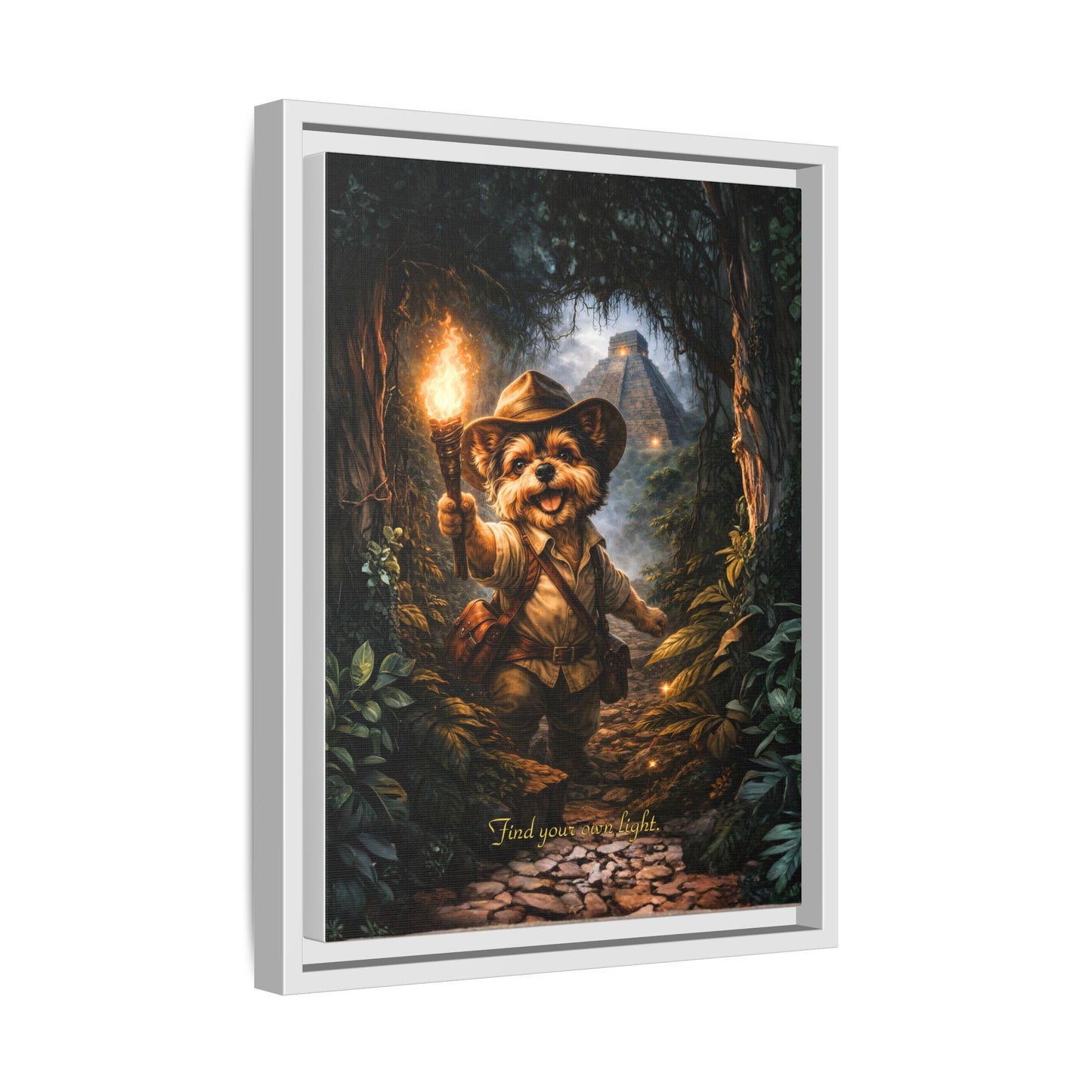 Cute Yorkie Explorer Canvas Wall Art for Kids Room – Jungle Adventure Nursery Decor, Framed Matte Animal Artwork, Gift for Boys & Girls