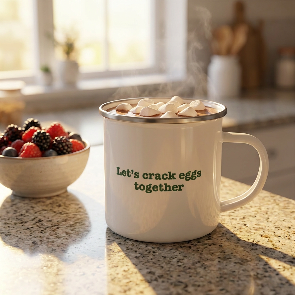Antonio’s "Let’s Crack Eggs Together" Enamel Campfire Mug – Easter & Family Breakfast Edition