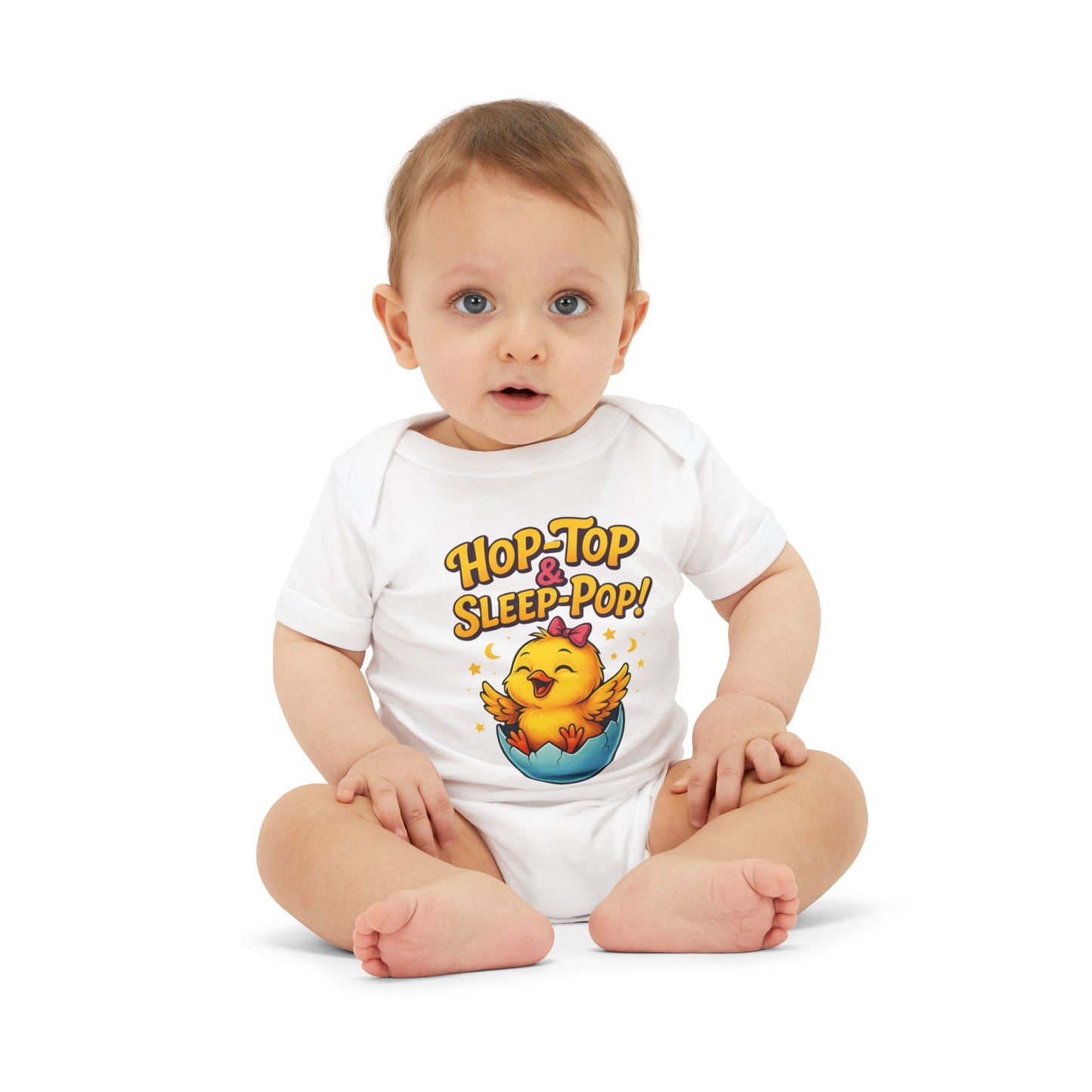 Baby wearing a white onesie with a cartoon character and text on a white background