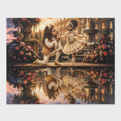 Two dogs in formal attire dancing in a garden with flowers and a fountain.