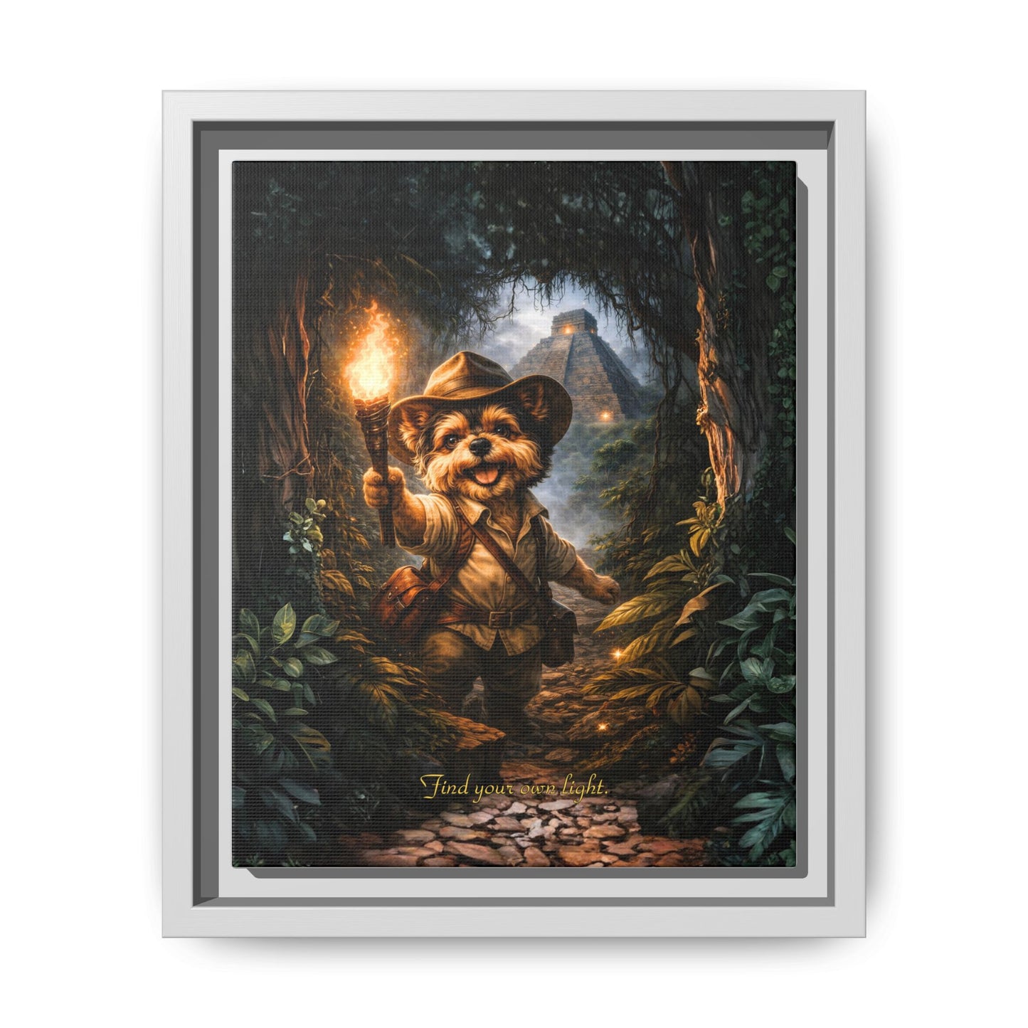 Cute Yorkie Explorer Canvas Wall Art for Kids Room – Jungle Adventure Nursery Decor, Framed Matte Animal Artwork, Gift for Boys & Girls
