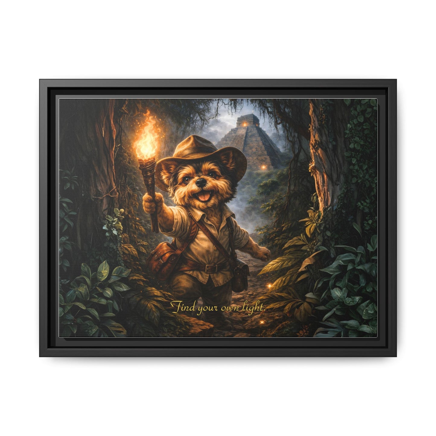 Cute Yorkie Explorer Canvas Wall Art for Kids Room – Jungle Adventure Nursery Decor, Framed Matte Animal Artwork, Gift for Boys & Girls